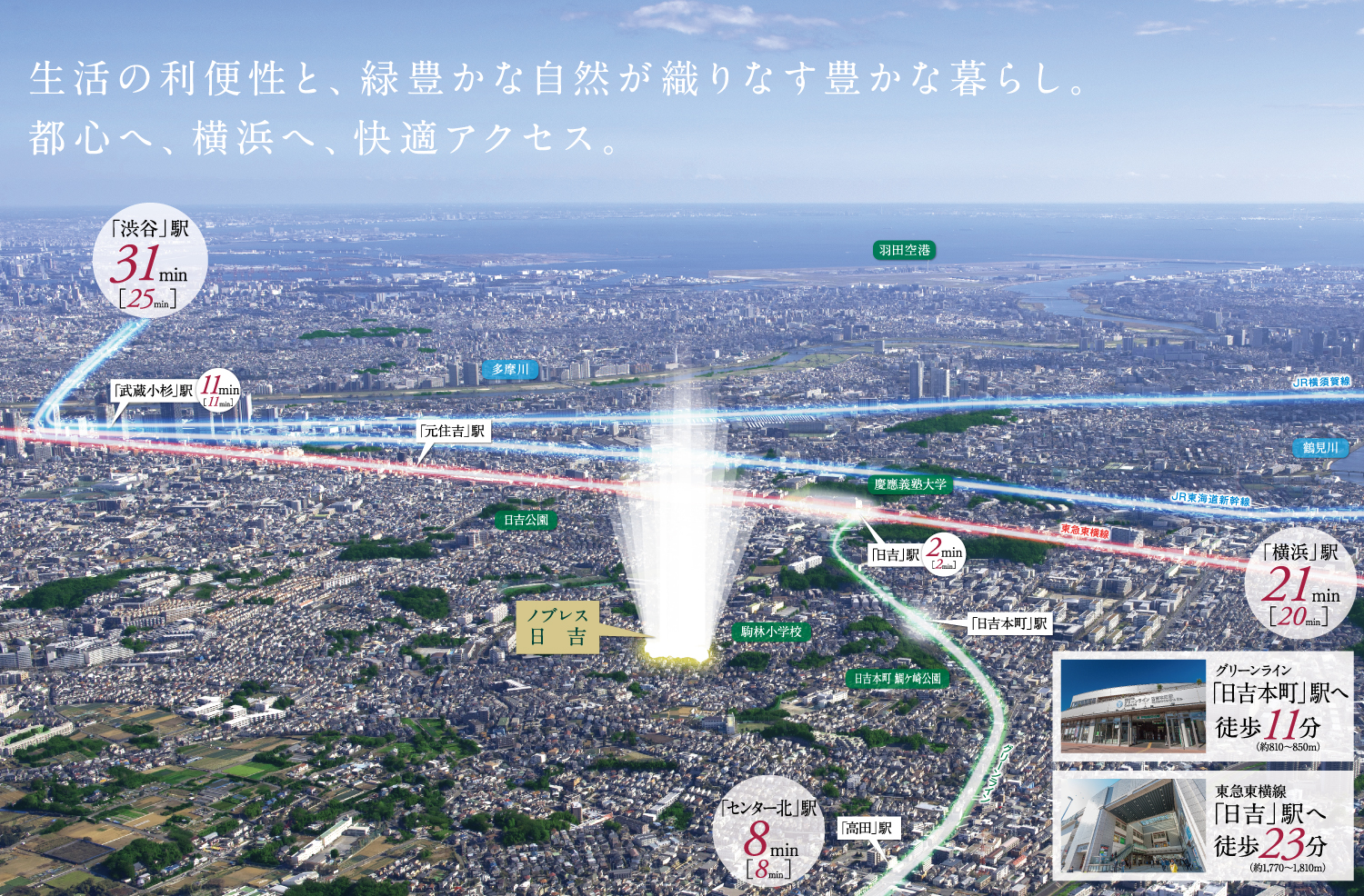 生活の利便性と、緑豊かな自然が織りなす豊かな暮らし。都心へ、横浜へ、快適アクセス。