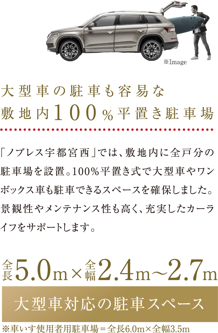 大型車の駐車も容易な敷地内100%平置き駐車場 「ノブレス宇都宮西」では、敷地内に全戸分の駐車場を設置。100%平置き式、全長5.0m、全幅2.45〜2.7mのゆとりを確保することで大型車の駐車や乗降車の乗り降りしやすさにも配慮。景観性やメンテナンス性も高く、充実したカーライフをサポートします。
