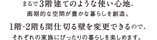 まるで3階建てのような使い心地。画期的な空間が豊かな暮らしを創造。1階・2階も間仕切る壁を変更できるので、それぞれの家族にぴったりの暮らしを楽しめます。 