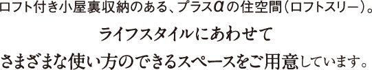 ロフト付き小屋裏収納のある、プラスαの住空間（ロフトスリー）。ライフスタイルにあわせてさまざまな使い方のできるスペースをご用意しています。  