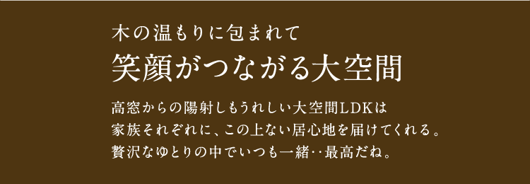 木の温もりに包まれて笑顔がつながる大空間。高窓からの陽射しもうれしい大空間LDKは家族それぞれに、この上ない居心地を届けてくれる。贅沢なゆとりの中でいつも一緒‥最高だね。